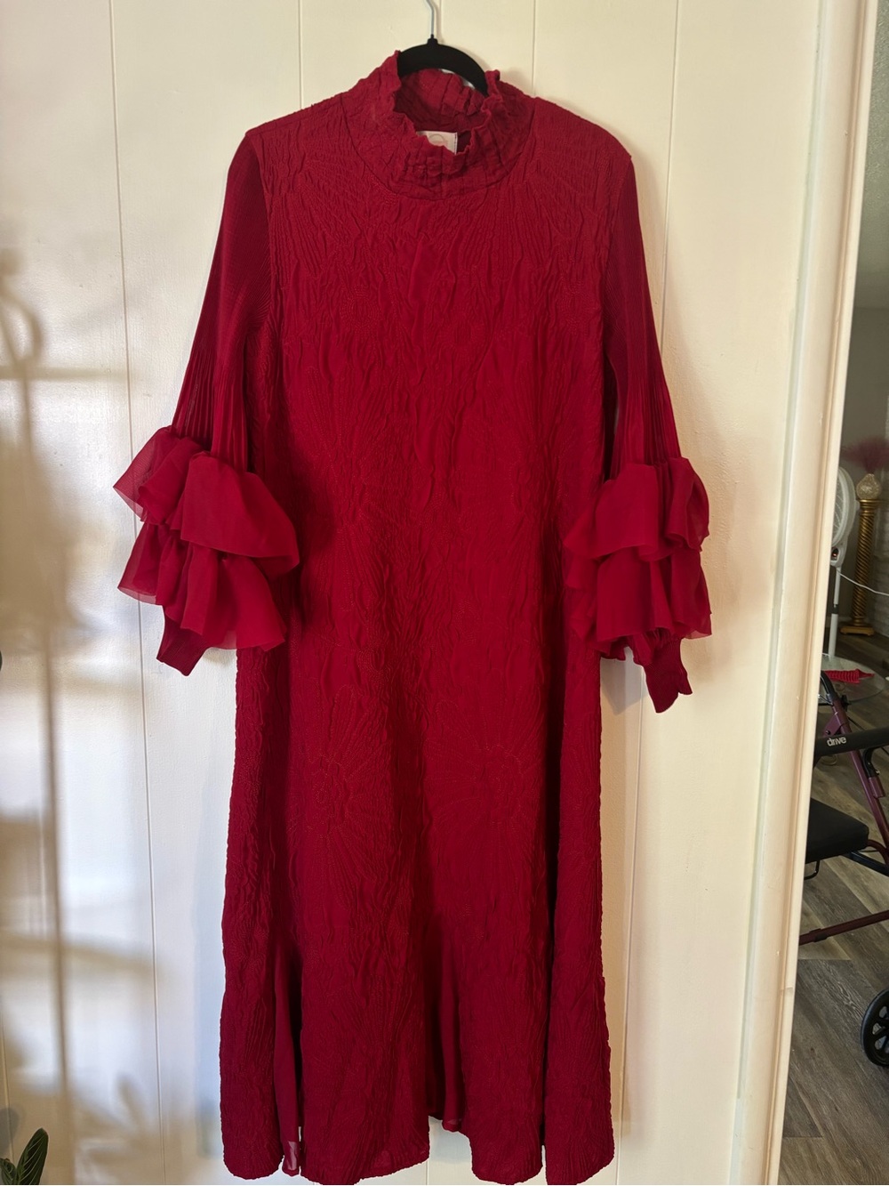 Ruffled Sleeve Red Midi Dress